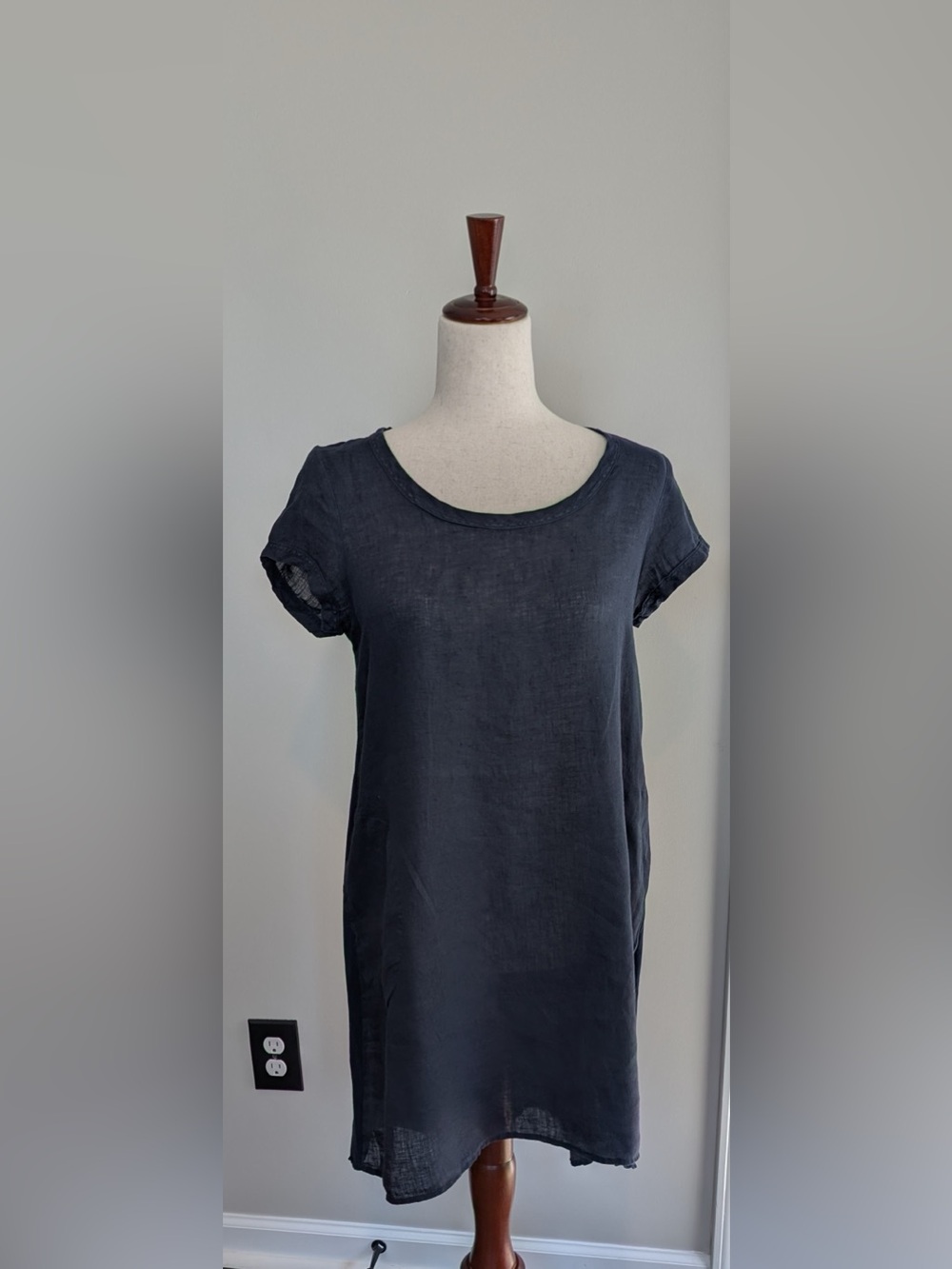CP Shades Navy Linen Shift Dress Women's Short Sleeve Made in USA Size XS